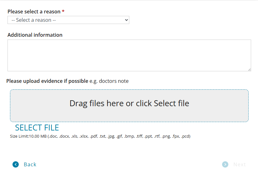 Please select a reason screen